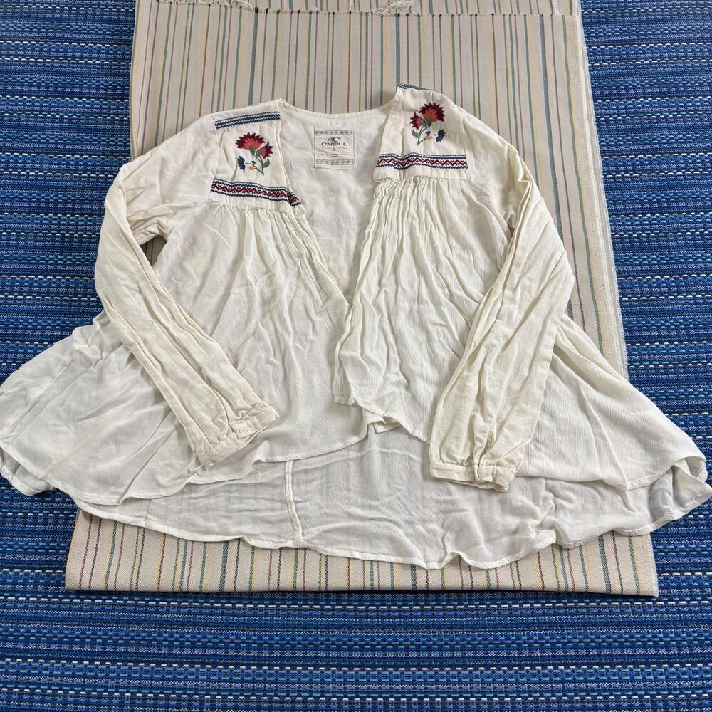 O'Neill Kimono Blouse Womens Large White Embroidered Floral Boho Long Sleeve